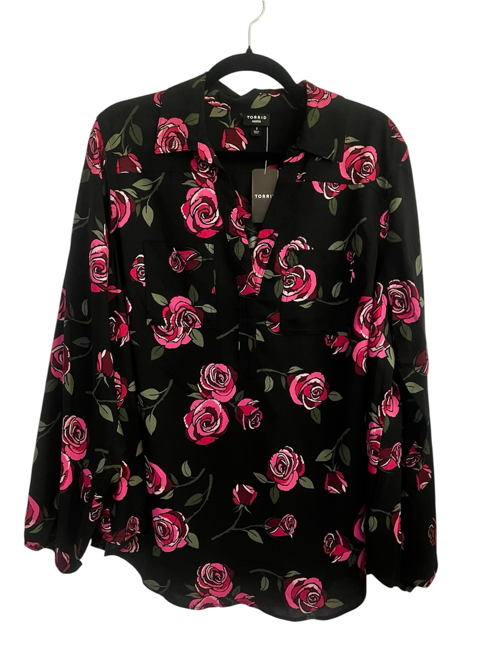 torrid Black Blouse with Pink Rose Print